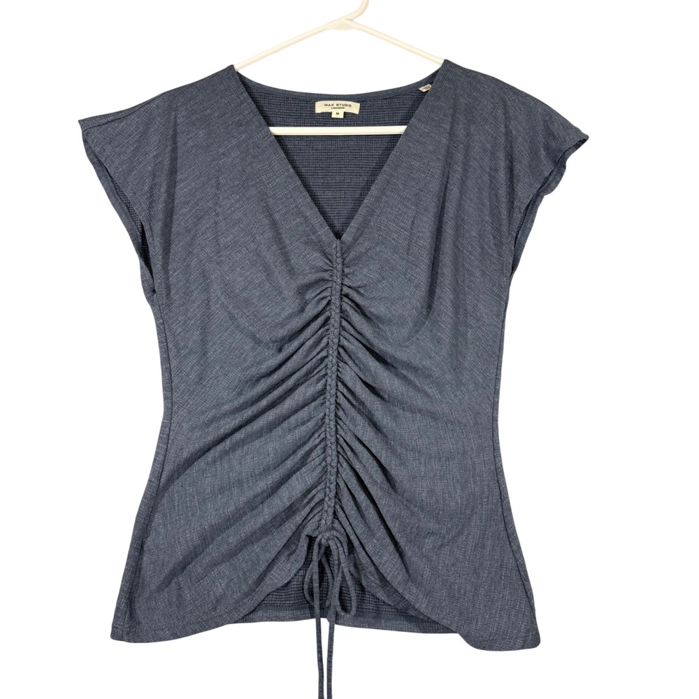 Max Studio London Top Womens Medium Ruched Front Blue Braided V-Neck